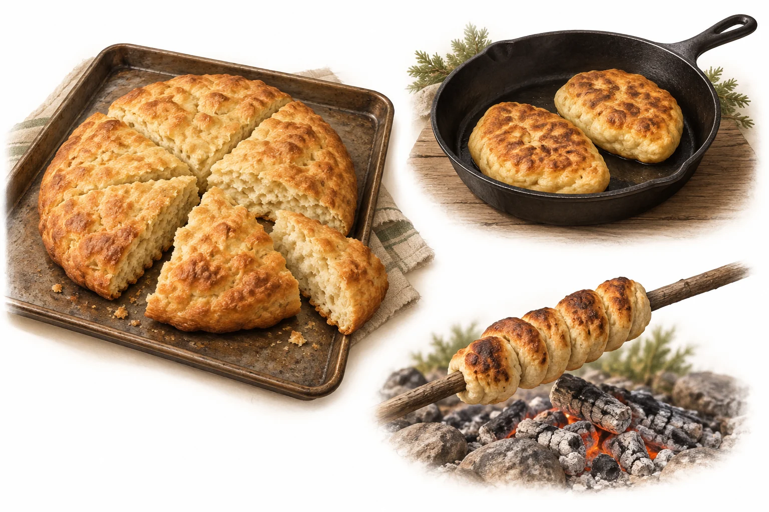 Three illustrated examples: baked bannock, pan-cooked pieces and dough cooked on a stick above coals.