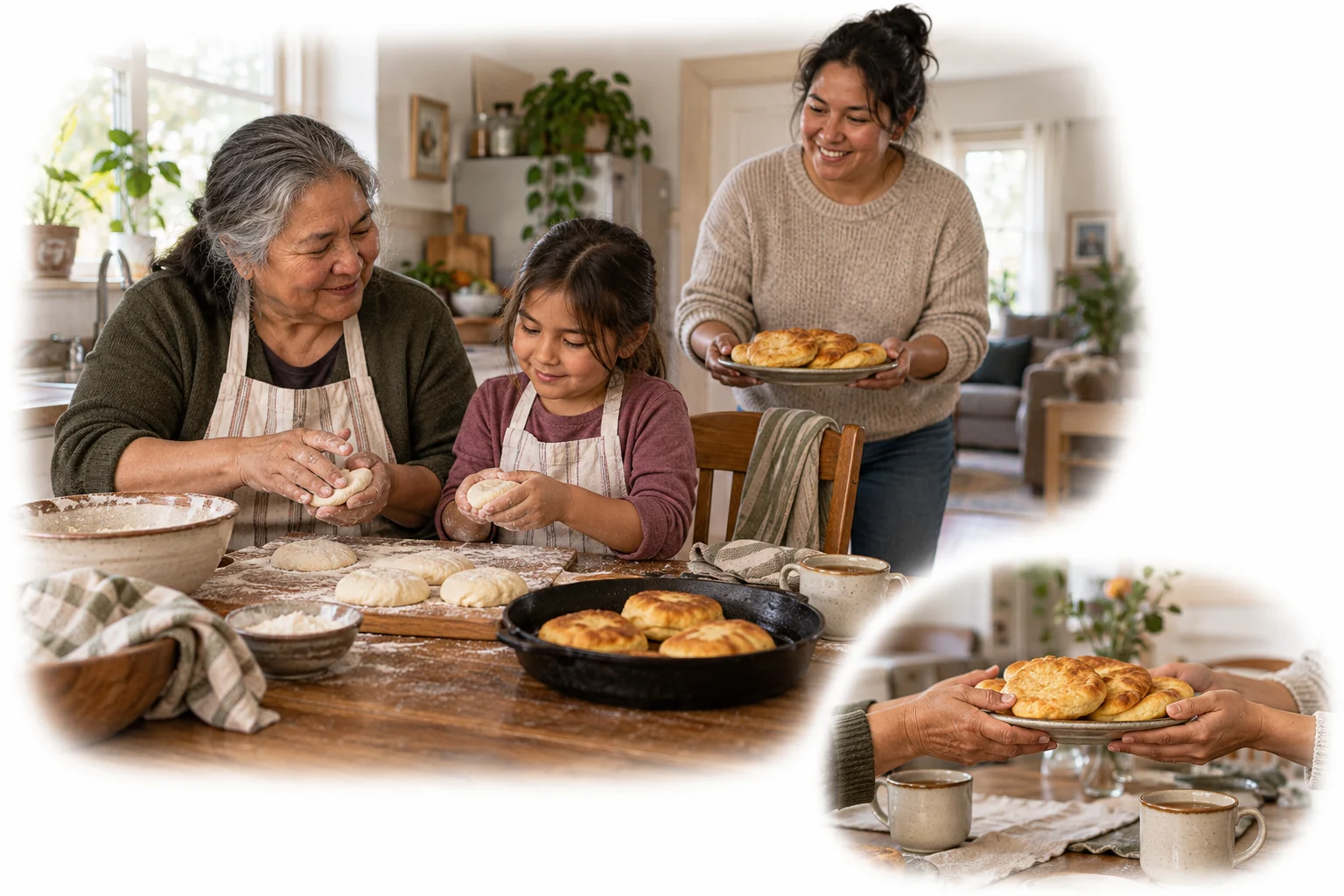 Fictional contemporary family shaping dough together and sharing a plate of bannock.