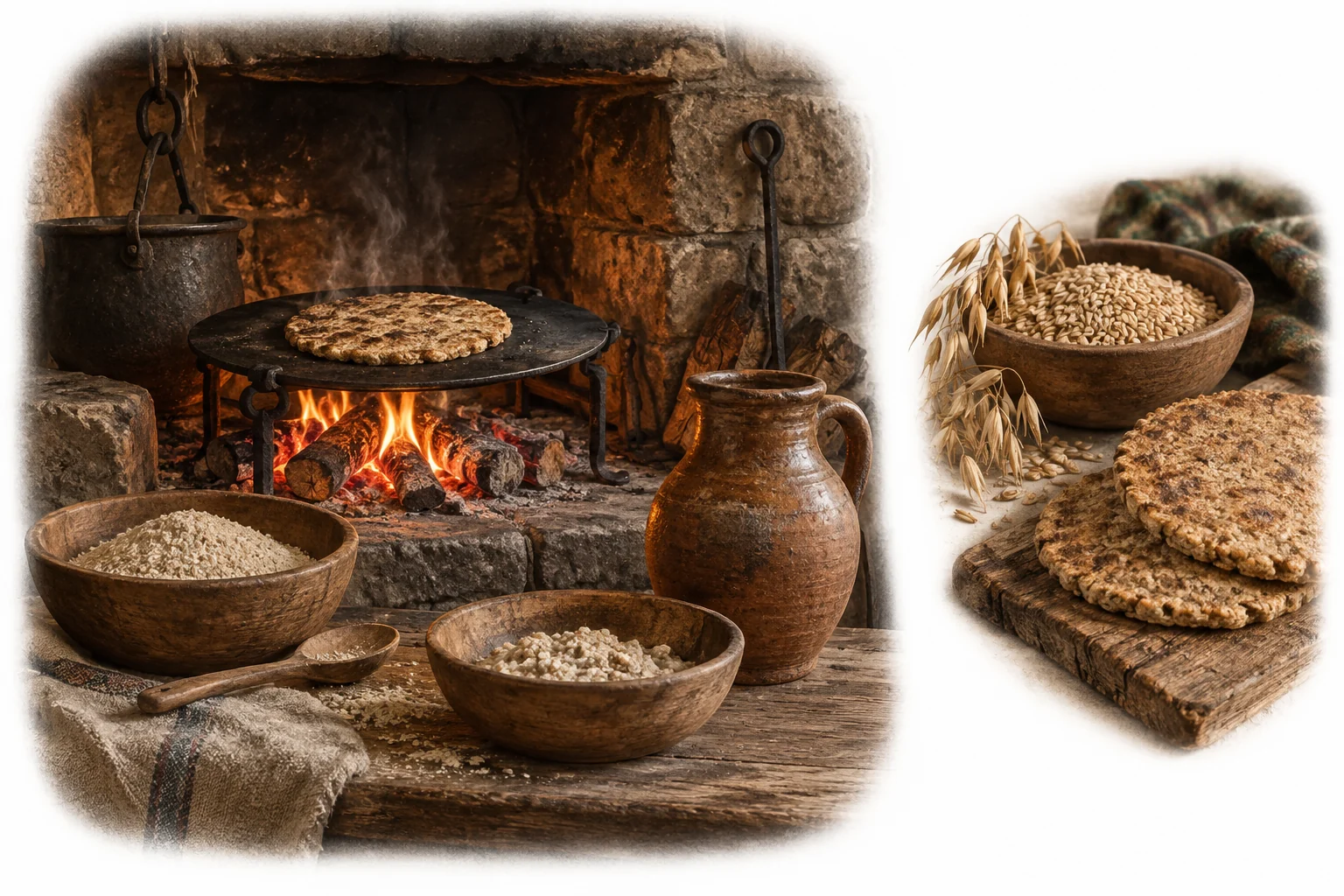 Interpretive illustration of grain meal, flat cakes and an iron cooking plate at a hearth.