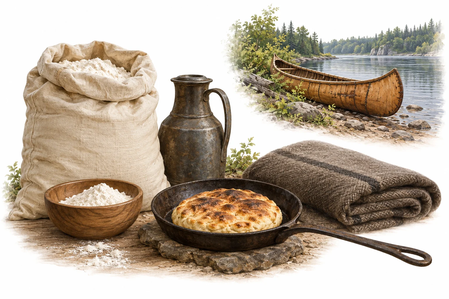Illustration of flour, a pan of bread and provisions, with a canoe by a river.