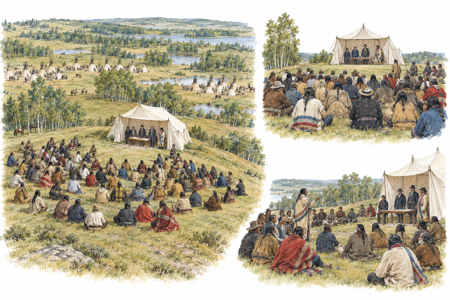 Illustrated reconstruction of a large outdoor council: people seated on grass in a semicircle facing a council tent on a rise, with the wider encampment and two closer viewing angles.