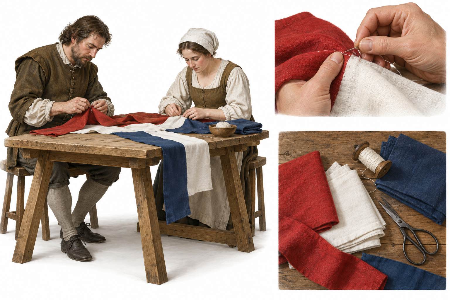 Generated historical craft illustration: textile workers, a closer view of stitching, and an overhead view of cloth pieces.